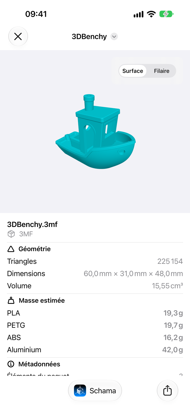 Fichiers. Dimensions, volume et masse estimée, sans ouvrir l’app. — Schama, iPhone