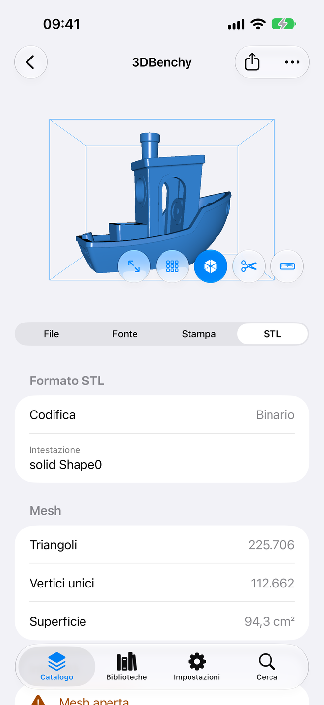 Scheda oggetto. Triangoli, vertici e superficie, letti dal file. — Schama, iPhone