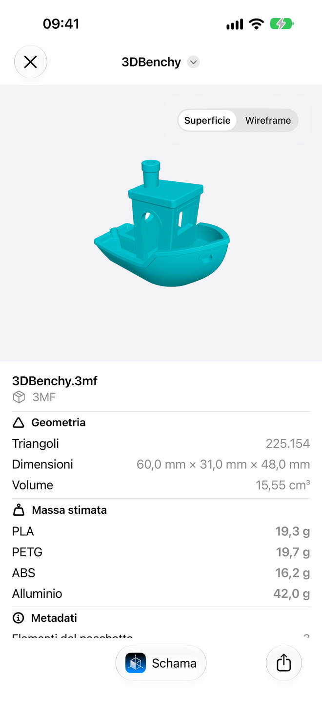 File. Dimensioni, volume e massa stimata, senza aprire l’app. — Schama, iPhone