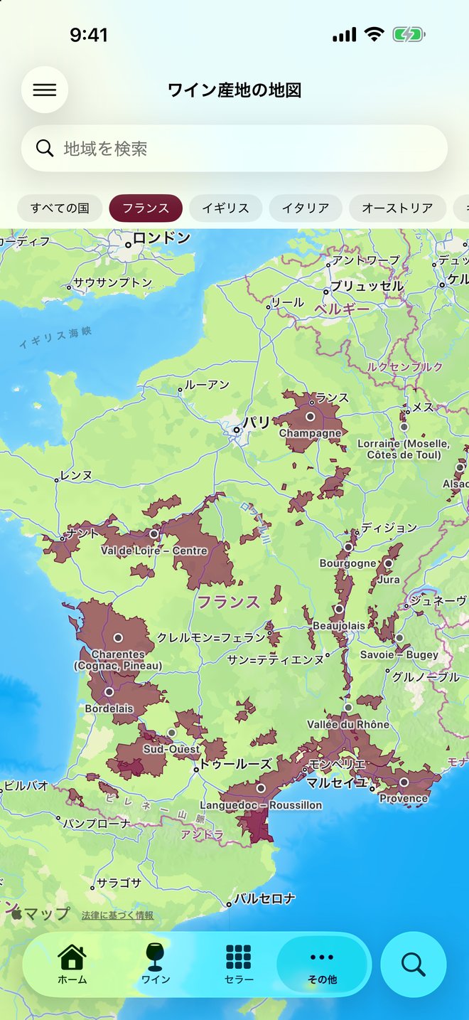 地図上に描かれたワイン産地。国で絞り込み、産地を検索できます。 — Vinum, iPhone