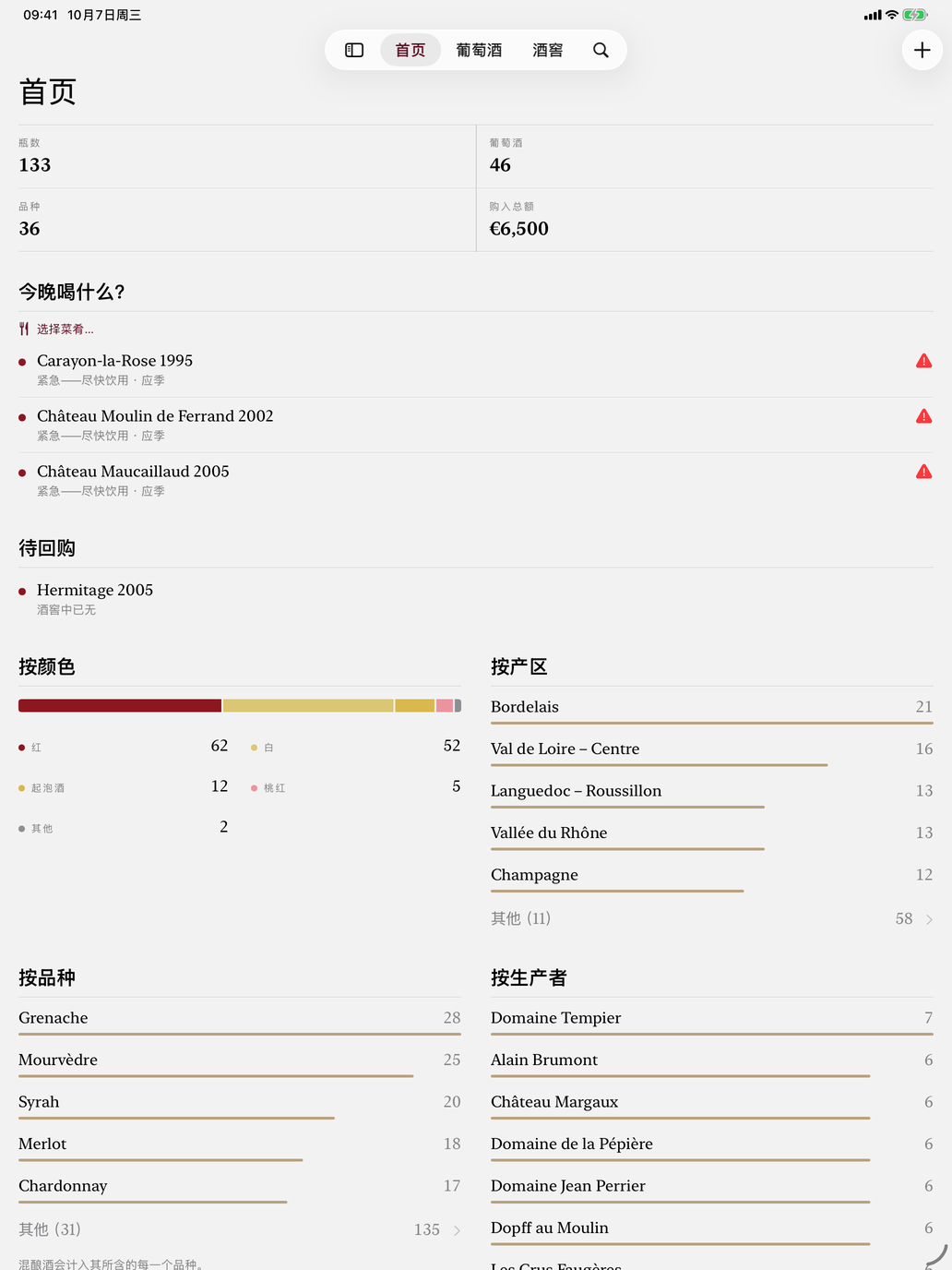 瓶數、酒款、葡萄品種和投入金額,下面是今晚宜先喝的酒。 — Vinum, iPad