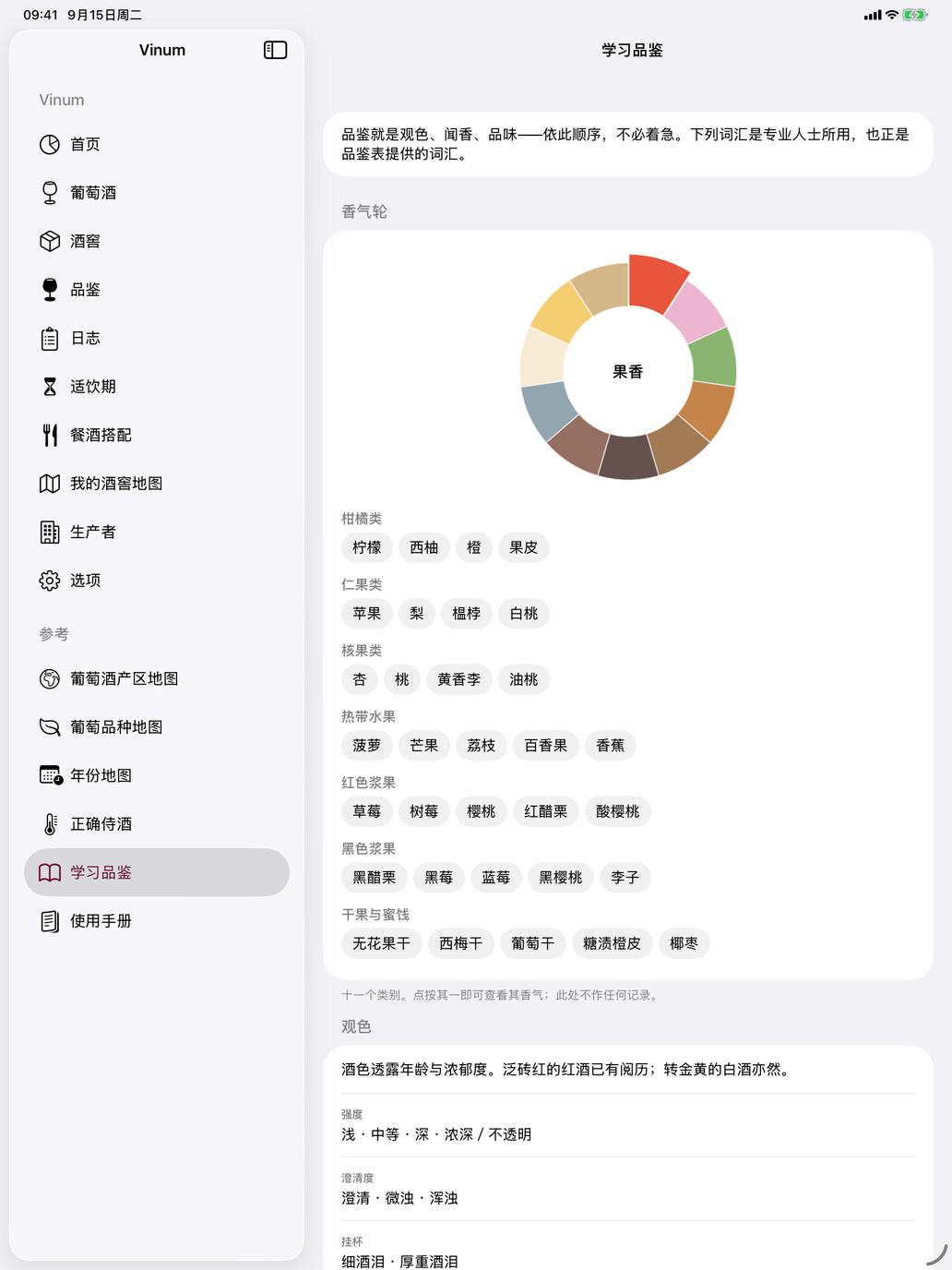 按類別劃分的香氣輪,下面是各類香氣的詞語,從柑橘到黃色水果。 — Vinum, iPad