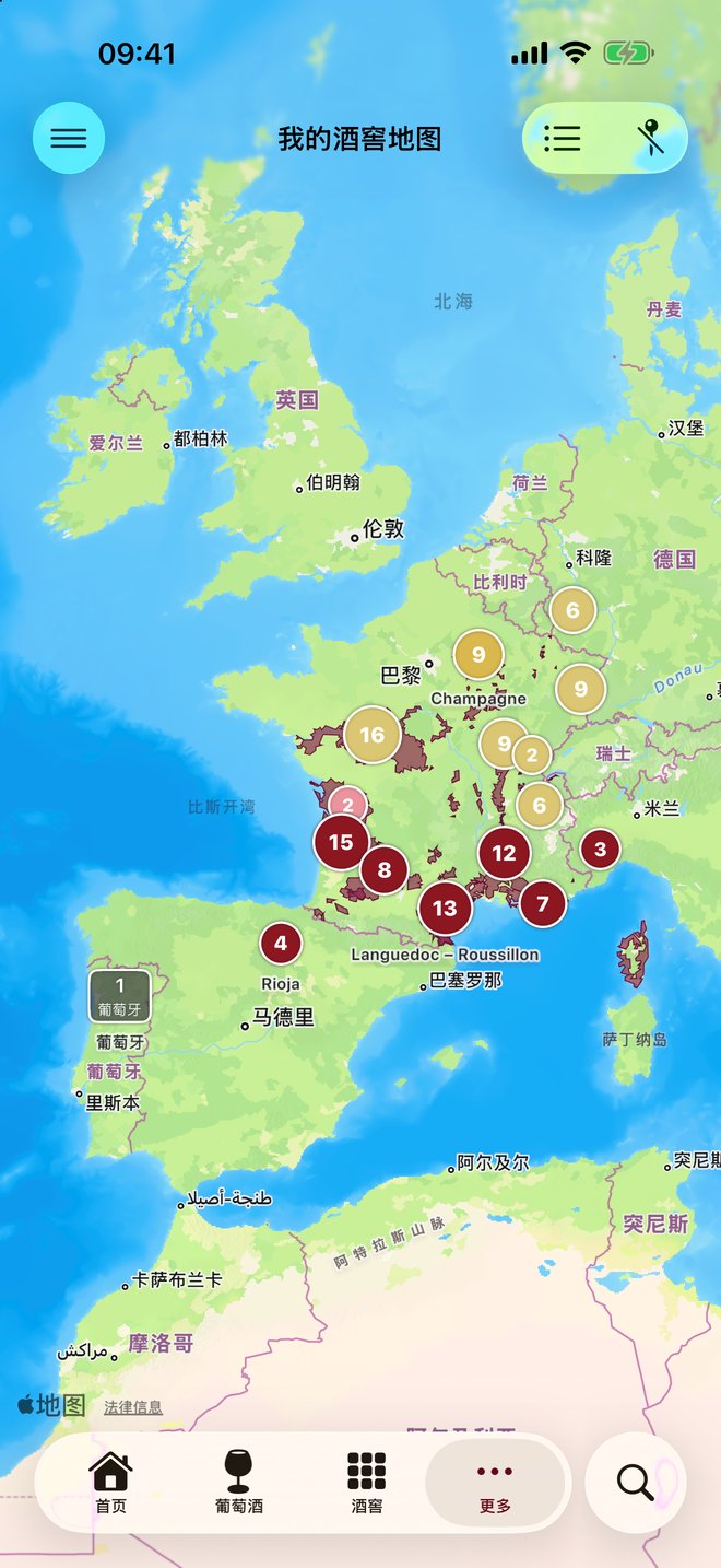 你的酒在地圖上分組顯示,疊在描繪出的葡萄園區域之上。 — Vinum, iPhone