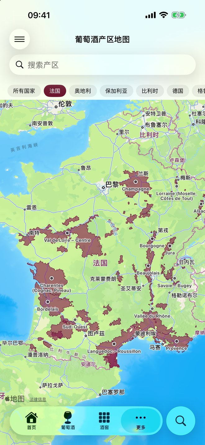 地圖上畫出的葡萄酒產區,可按國家篩選,也可搜尋產區。 — Vinum, iPhone
