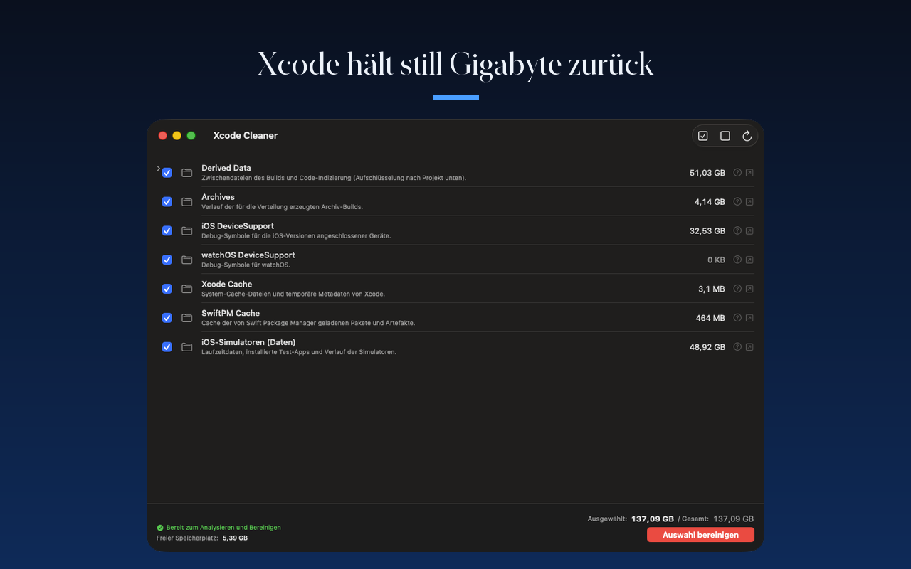 Liste der analysierten Xcode-Caches mit ihrer Größe
