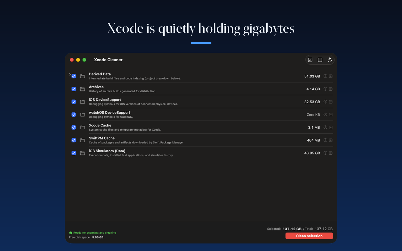 走査した Xcode のキャッシュと、その大きさの一覧