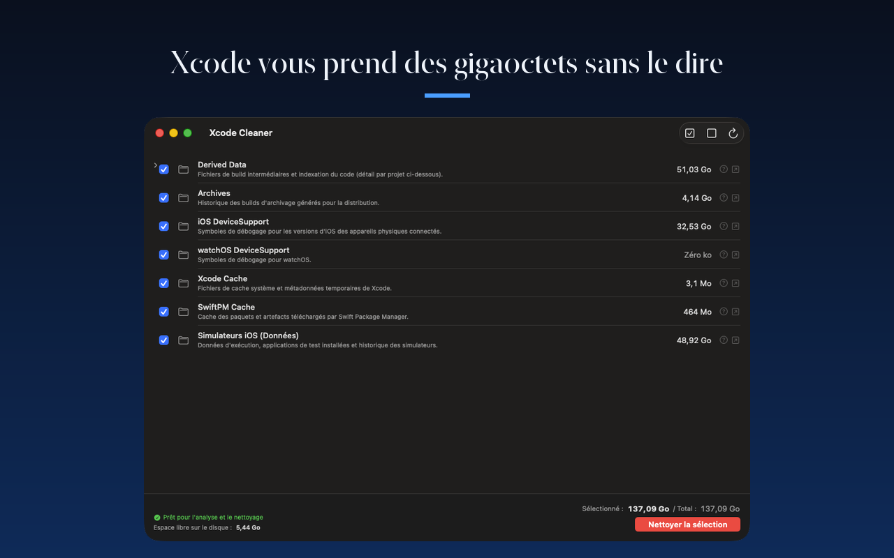 Liste des caches Xcode analysés avec leur taille