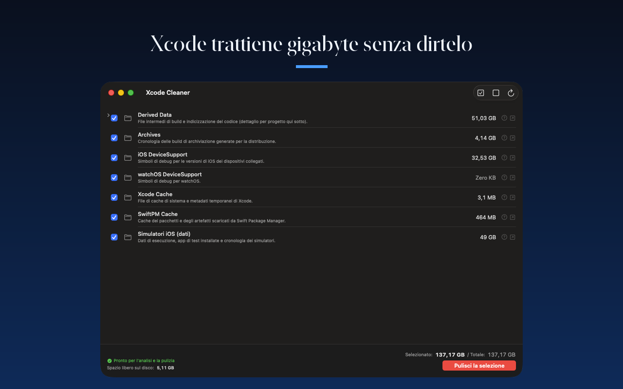 Elenco delle cache di Xcode analizzate con la loro dimensione